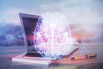 Multi exposure of work table with computer and brain hologram. Brainstorm concept.