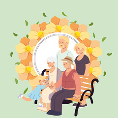 Grandmother grandfather parents and granddaughter with flowers vector design