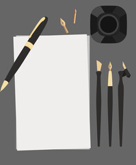 Set of flat calligraphy stationery top view. Pen, nibs, ink and paper on gray background. Vector elements for banners, cards and your design.