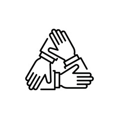 Three hands support each other. Collaboration teamwork thin line stroke. Support, Business friendship and partnership sign. unity in diversity. Vector illustration. Design on white background. EPS10