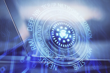 Multi exposure of computer on background and technology theme drawing. Concept of innovation.