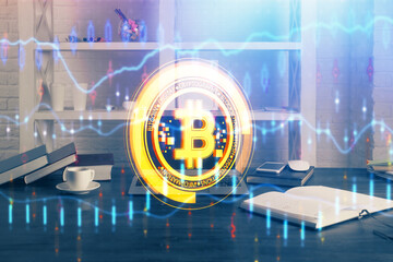 Multi exposure of blockchain theme hologram and table with computer background. Concept of bitcoin...