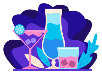 Set of alcoholic cocktails. Night party. Flat design. Vector illustration.
