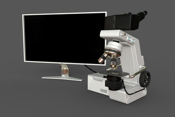 White laboratory microscope, system box and blank screen isolated, photorealistic 3d illustration of object with fictive design, clinical research concept