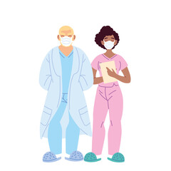 woman and man doctors with medical masks vector design