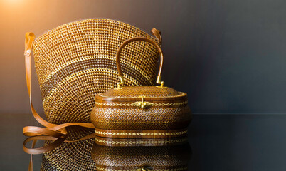 handmade woven bag, wicker bag pattern and taxture brown color. Bag made from nature plants Lygodium. Produced in the southern region thailand.