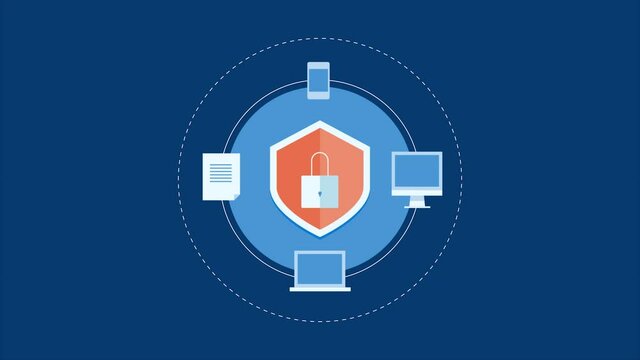 Internet security, data protection, secure network with digital device, cloud technology and information encryption system. Shield and lock to protect online data. 2d animation, 4k video clip.