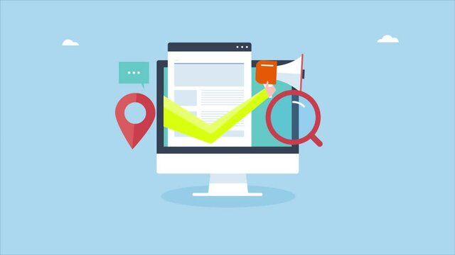 Digital marketing, seo optimization website, data analysis and businessman promoting web content with megaphone concept. Digital branding, search traffic increase. 2d animation, 4k video clip.