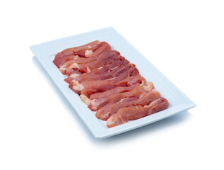 Pork Sliced for sun dried on white plate and white background. It's an ingredient for gourmet cook.