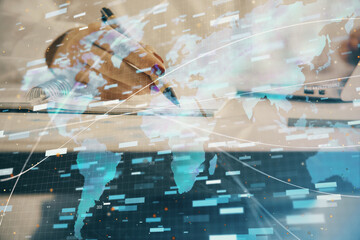 Multi exposure of woman's writing hand on background with data technology hologram. Concept of innovation.