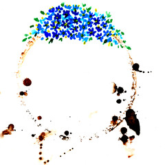 Brown coffee or tea shapes ring with drops. Blue little flowers watercolor frame isolated on white background