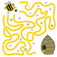 Maze, puzzle for children and adults. The task of developing memory and attention. Page for children's books. Vector illustration, help the bee find a hive