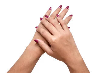 Poster Photo of woman hands with red nails on white background © Teerapong
