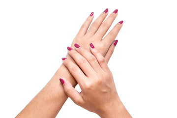 Photo of woman hands with red nails on white background