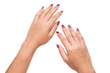 Photo of woman hands with red nails on white background