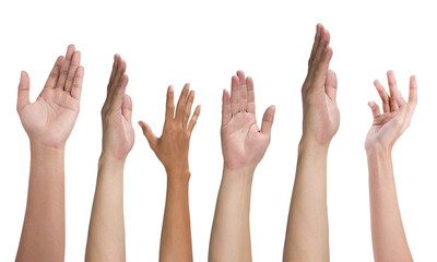 Many hands up isolated on white background