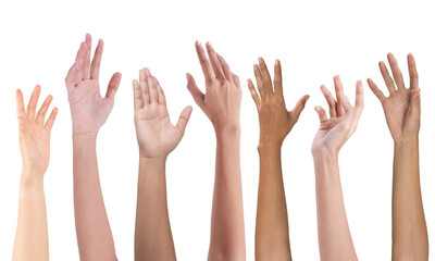 Many hands up isolated on white background