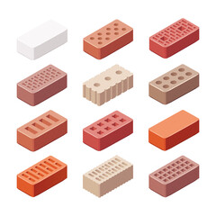 Bricks of different types and colors. Silicate, fire-resistant, facing bricks. Building material. Vector illustration. Isometric.