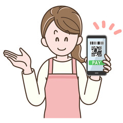 スマホ決済の説明をする主婦のイラスト