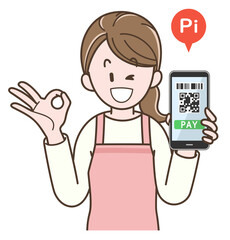 スマホ決済の説明をする主婦のイラスト