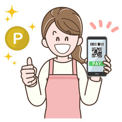 スマホ決済でポイントを獲得する主婦のイラスト