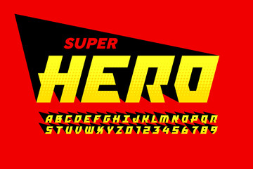 Superhero comics style font design, alphabet letters and numbers