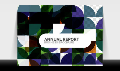 Horizontal A4 business flyer annual report template, circles and triangle style shapes modern geometric design for brochure layout, magazine or booklet