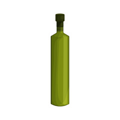 Vector illustration of a bottle of olive oil in a cartoon style. Glass bottle of oil is an ingredient of Mediterranean cuisine. For label and packaging