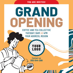 Grand opening cafe banner design. Barista People doodles. Coffee business launch event celebration concept lines art style vector design.