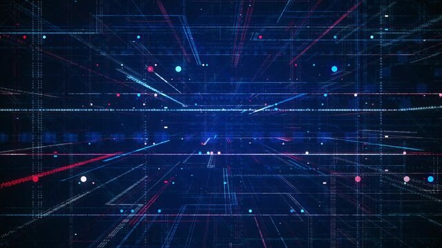 Abstract fly through hologram 3D Big Data with futuristic matrix. Digital network with a binary code particles. Technological and connection motion background.