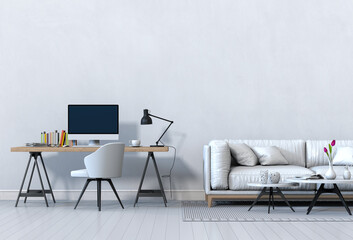 3D rendering of interior modern living room workspace with sofa, desk, desktop computer