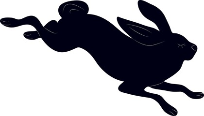 Hand-drawn black silhouettes of cute rabbits sitting in various poses, Isolated On White Background. Detailed vector Illustrations.