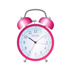 Pink classic alarm clock. Morning wake up symbol. Conception of punctuality, accuracy and time measurement flat vector illustration isolated on white background.
