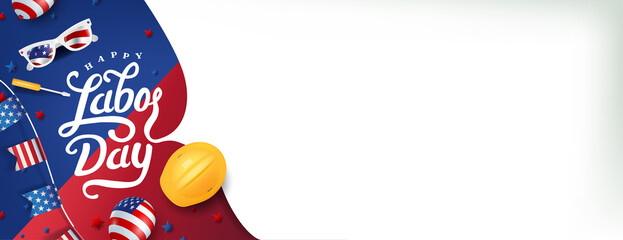 Labor day USA banner template american flags Garlands decor and copy space.USA labor day celebration poster template.Happy labor day calligraphy.