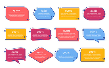 Quote text box. Quotations frame template. Vector. Set of info comments and messages in textboxes. Speech bubbles on color background. Colorful illustration in line style. Simple minimalistic design.