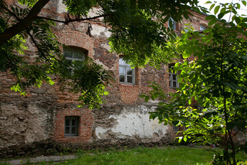 
Old fortress (castle) wall with different new and old windows behind tree branches
