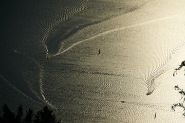 Wellenlinien auf dem Bodensee im abendlichen Sonnenlicht