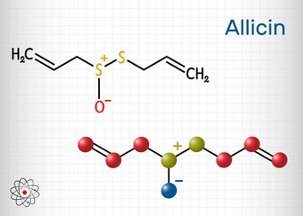 Allicin, sulfoxide molecule. This compound exhibits antibacterial and anti-fungal properties. Structural chemical formula and molecule model. Sheet of paper in a cage
