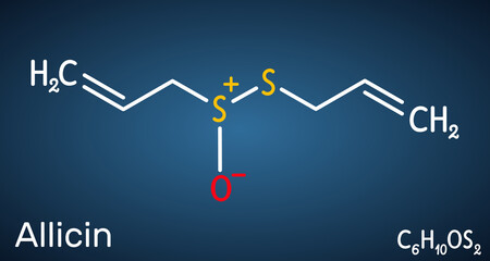 Allicin, sulfoxide molecule. This compound exhibits antibacterial and anti-fungal properties. Structural chemical formula on the dark blue background
