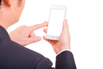 Businessman use smart phone while hand holding new smartphone and looking white background, rear view. Business concept.