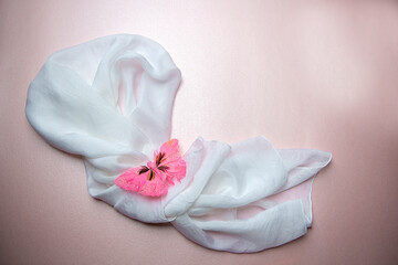 Fototapeta na wymiar white silk scarf and pink butterfly brooch isolated on pink background