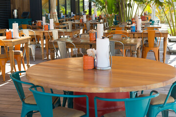 Cafe by the sea without customers due to self-isolation of the virus and quarantine.