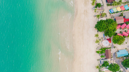 Top View, Wave of Turquoise ocean water on sandy beach, High angle view sea and sand background,...