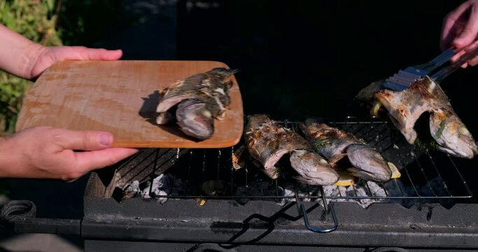 Sea bass or grouper fish grilled over charcoal. Close-up shot cooking seafish with aromatic spices on barbecue grill plate. Baking roasting marinated delicious seafood. BBQ  in summer garden outdoors 