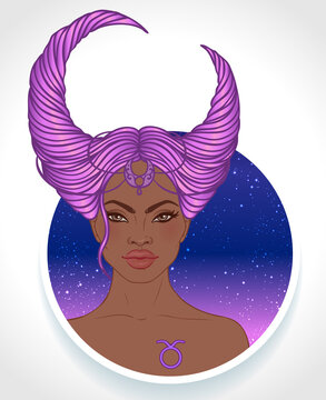 Illustration of Taurus astrological sign as a beautiful African American girl. Zodiac vector illustration isolated on white. Future telling, horoscope, alchemy, spirituality, fashion black woman.