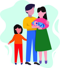 Vector cute family with baby and newborn baby. The concept of family. Statement from the hospital