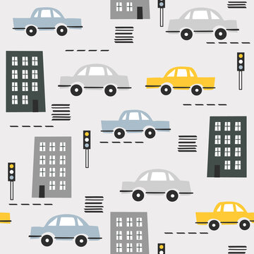 Seamless pattern with cars, houses, traffic lights, hand drawn overlapping backdrop. Colorful background vector. Illustration with automobiles. Decorative wallpaper, good for printing