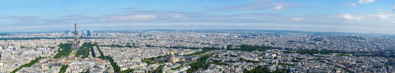 Paris aerial cityscape from Eiffel tower to Palais Royal with Trocadeo, Arc de Triomphe, Hotel des invalides, Pont Alexandre III, Grand palais, Place de la Concorde and Montmartre. - obrazy, fototapety, plakaty