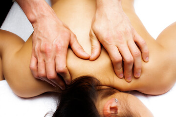 Fototapeta na wymiar Oil massage. Thai oil massage close up. Back massage. Spa treatments.