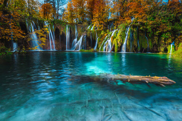 Admirable autumn scenery with spectacular waterfalls in Plitvice National Park